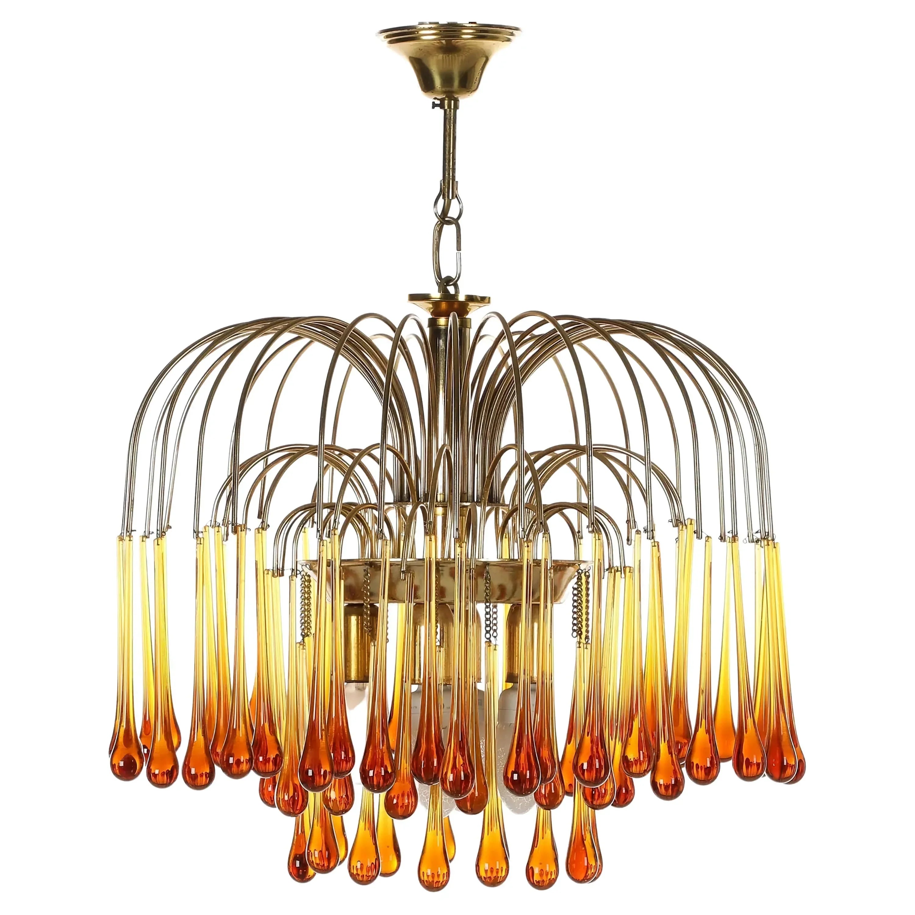 Amber Murano Teardrop Chandelier in Gold Iron and Crystal | Art Deco Ceiling Light Fixture for Dining Room