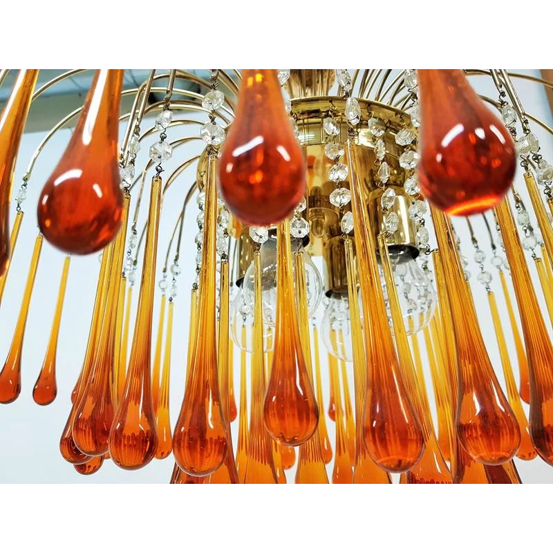 Amber Murano Teardrop Chandelier in Gold Iron and Crystal | Art Deco Ceiling Light Fixture for Dining Room
