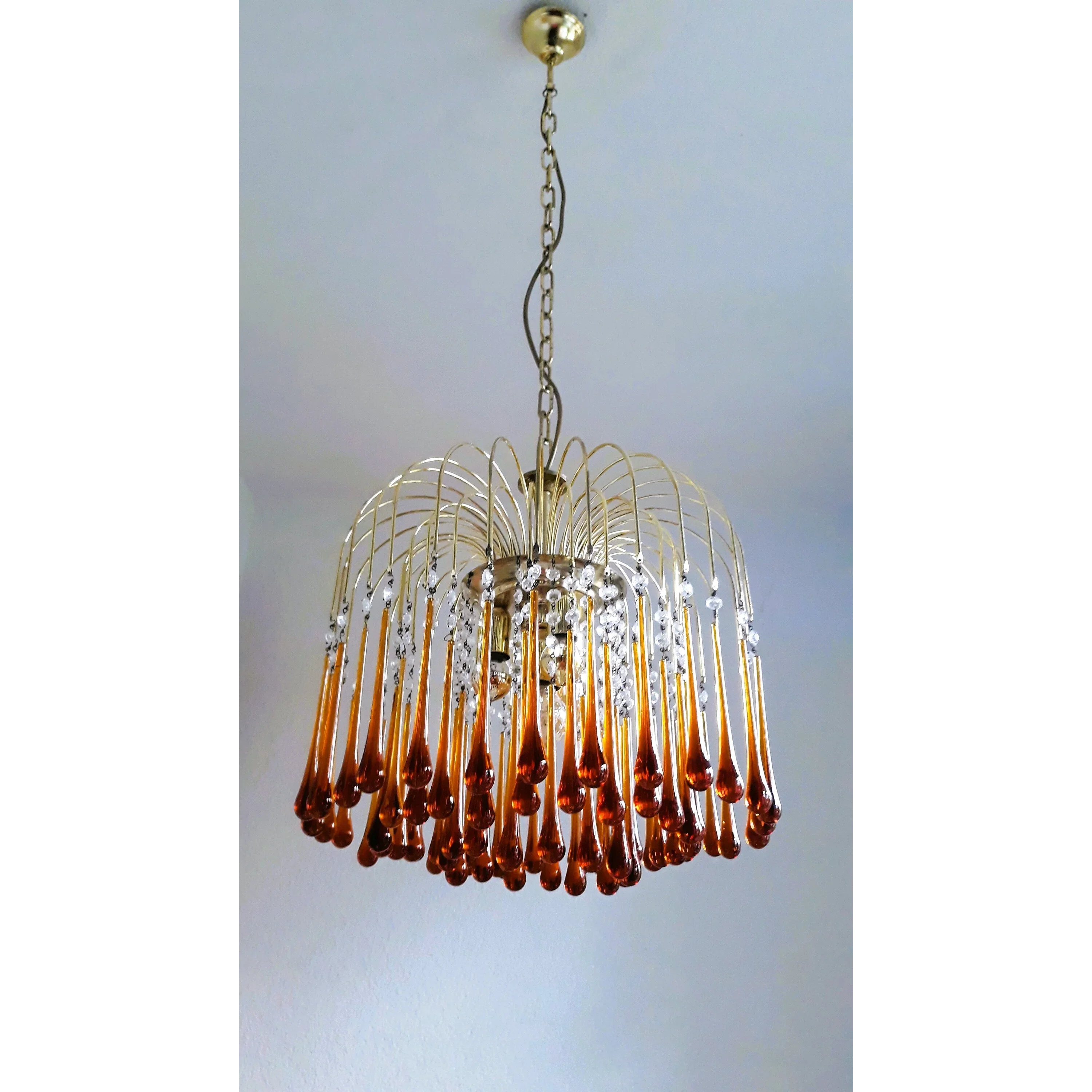 Amber Murano Teardrop Chandelier in Gold Iron and Crystal | Art Deco Ceiling Light Fixture for Dining Room