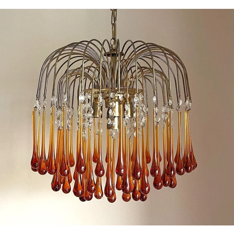 Amber Murano Teardrop Chandelier in Gold Iron and Crystal | Art Deco Ceiling Light Fixture for Dining Room