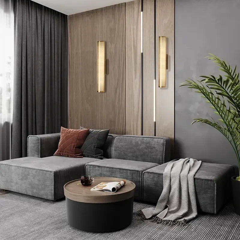 Brass Cylinder Wall Sconce – Modern Perforated Metal Design Ambient Lighting Fixture for Hallways & Bedrooms