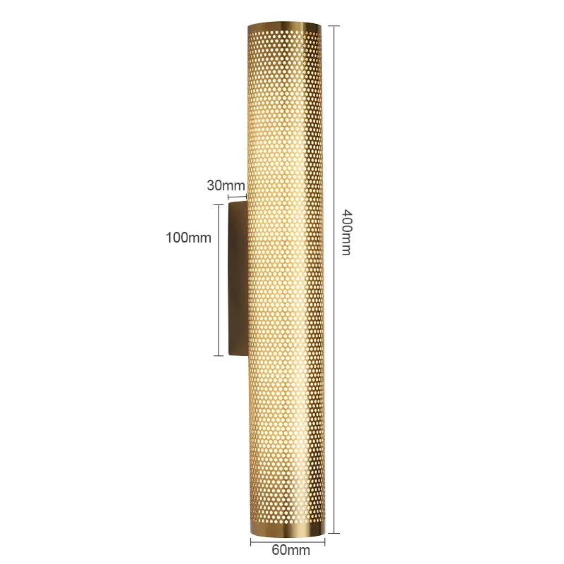 Brass Cylinder Wall Sconce – Modern Perforated Metal Design Ambient Lighting Fixture for Hallways & Bedrooms
