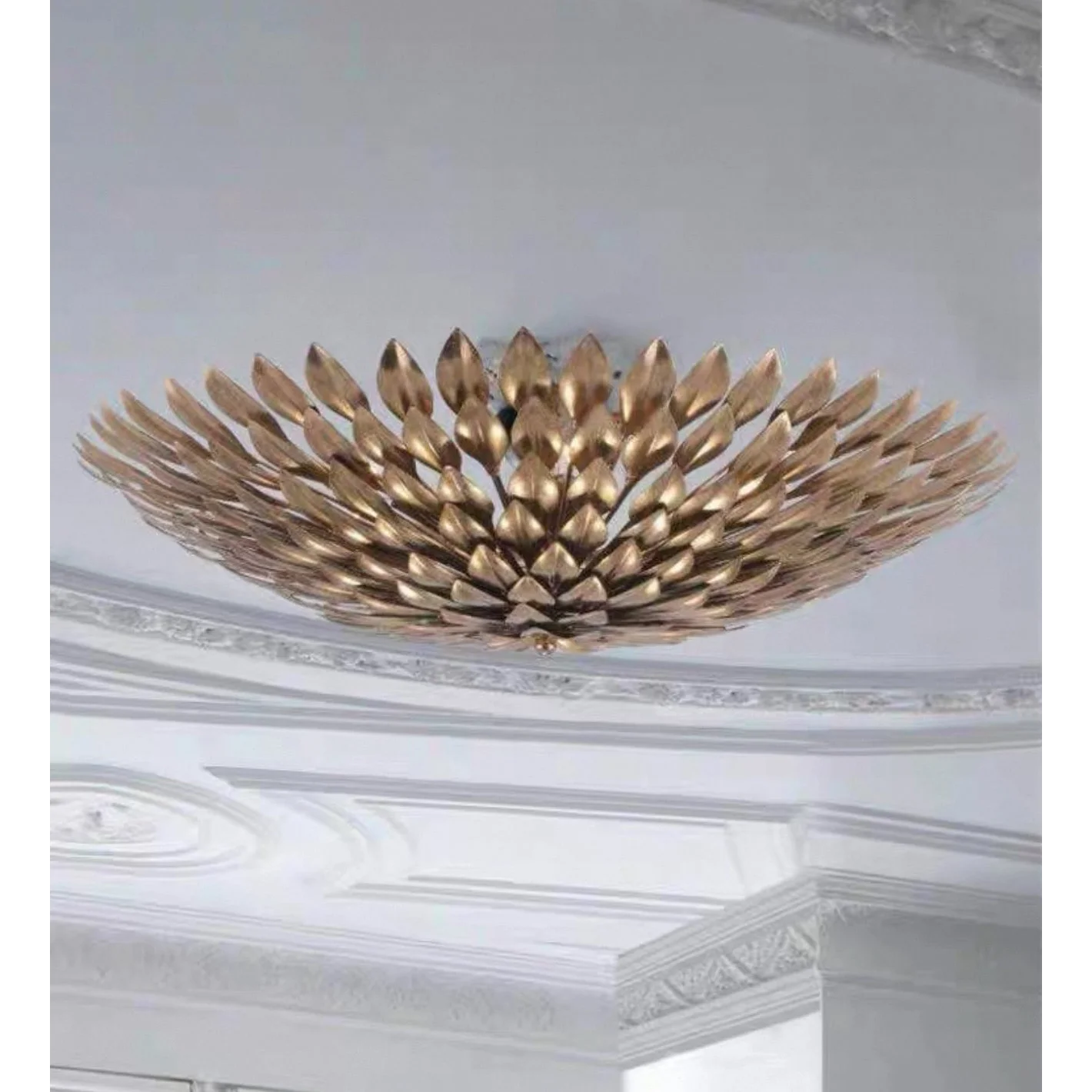 Hand Forged Gilded Leaf Flush Chandelier | Vintage Brass Nest Ceiling Light for Boutique Interiors