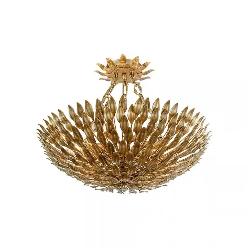 Hand Forged Gilded Leaf Flush Chandelier | Vintage Brass Nest Ceiling Light for Boutique Interiors
