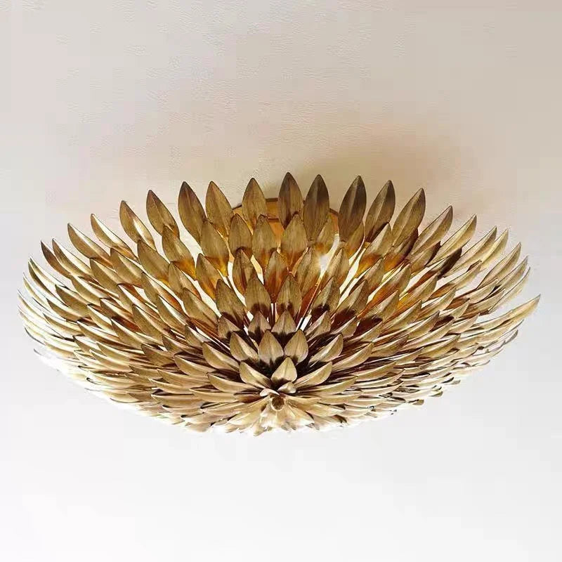 Hand Forged Gilded Leaf Flush Chandelier | Vintage Brass Nest Ceiling Light for Boutique Interiors