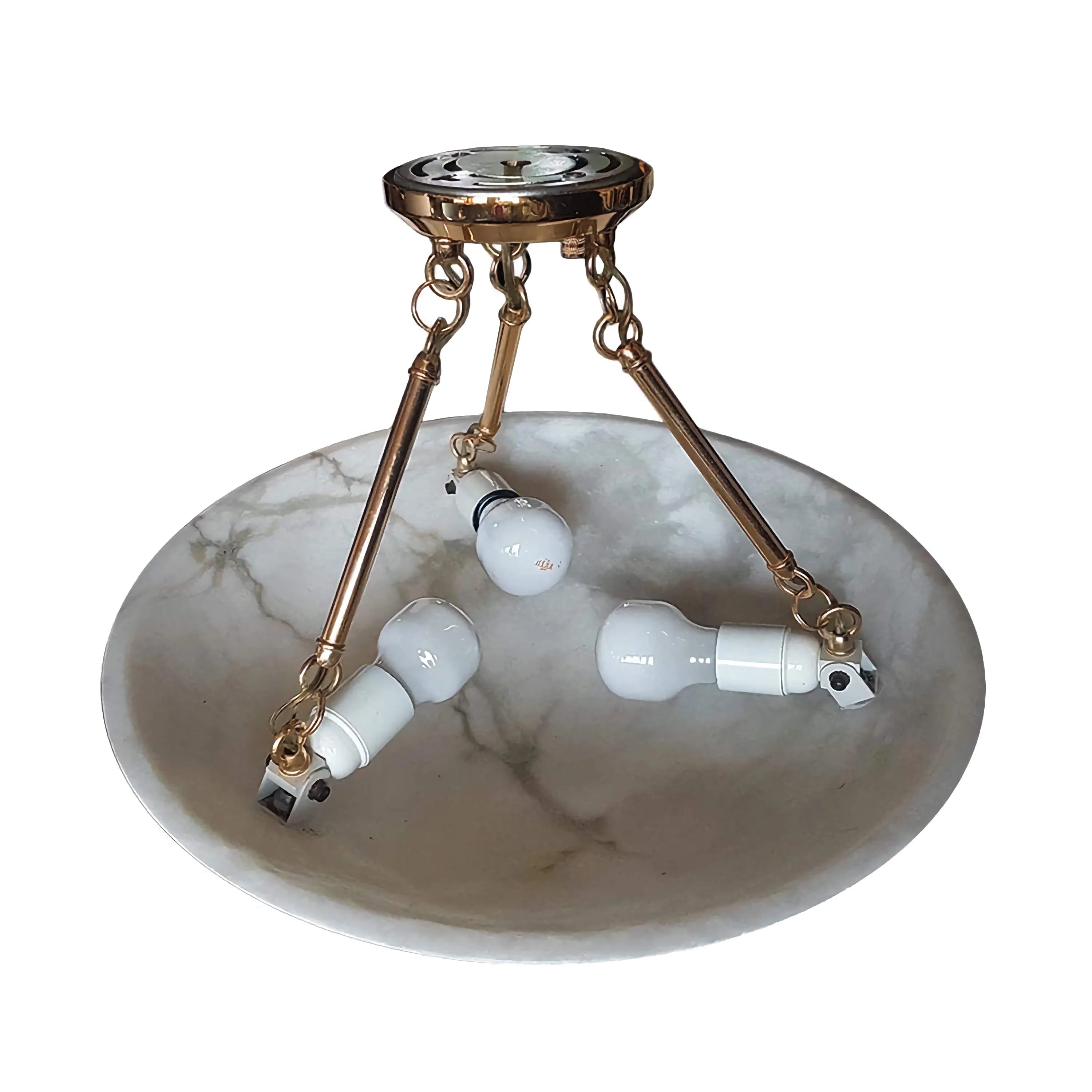 Round Alabaster Bowl Semi Flush Mount | Vintage Brass Suspension Light for Gallery Ceilings