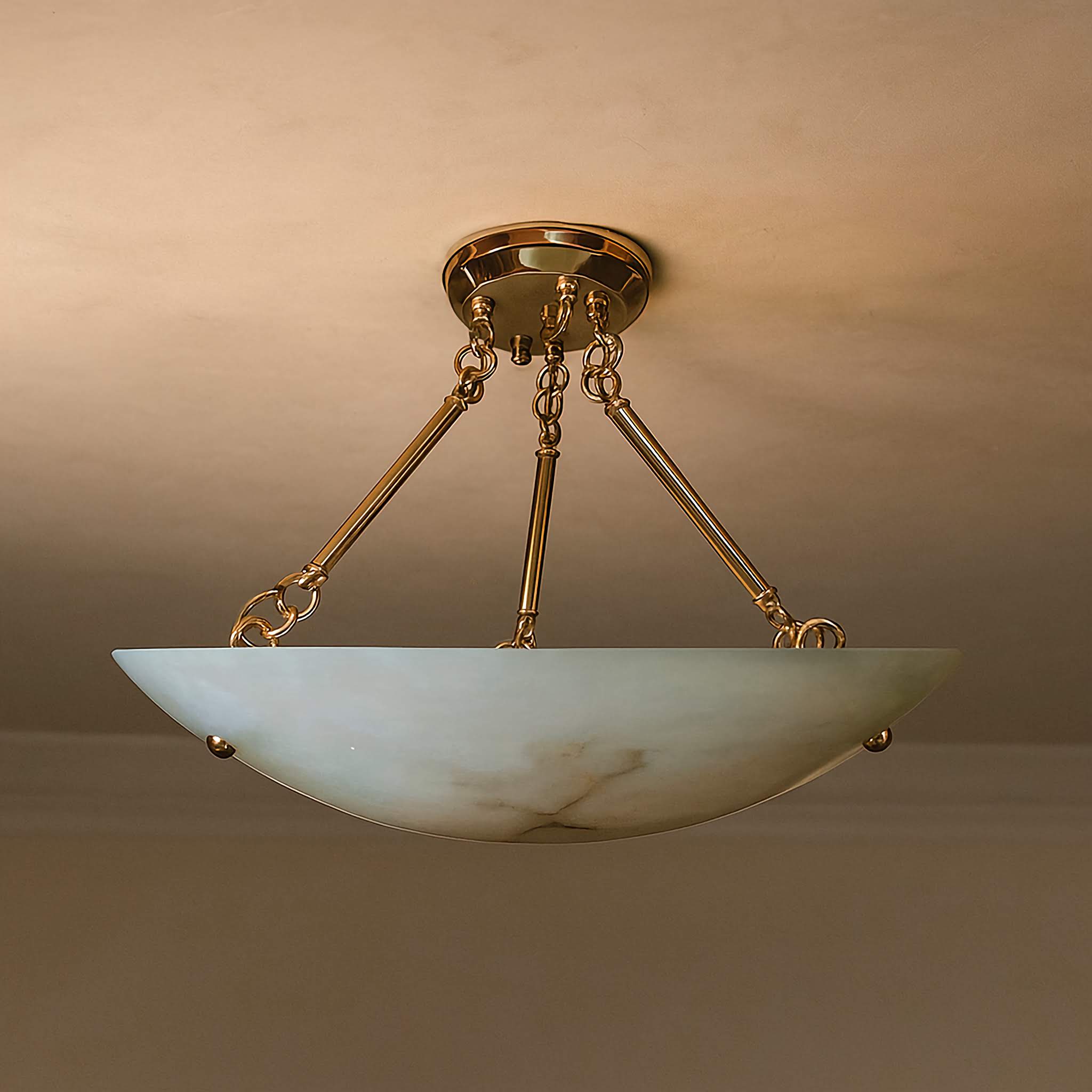 Round Alabaster Bowl Semi Flush Mount | Vintage Brass Suspension Light for Gallery Ceilings