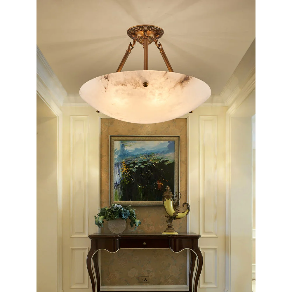 Round Alabaster Bowl Semi Flush Mount | Vintage Brass Suspension Light for Gallery Ceilings