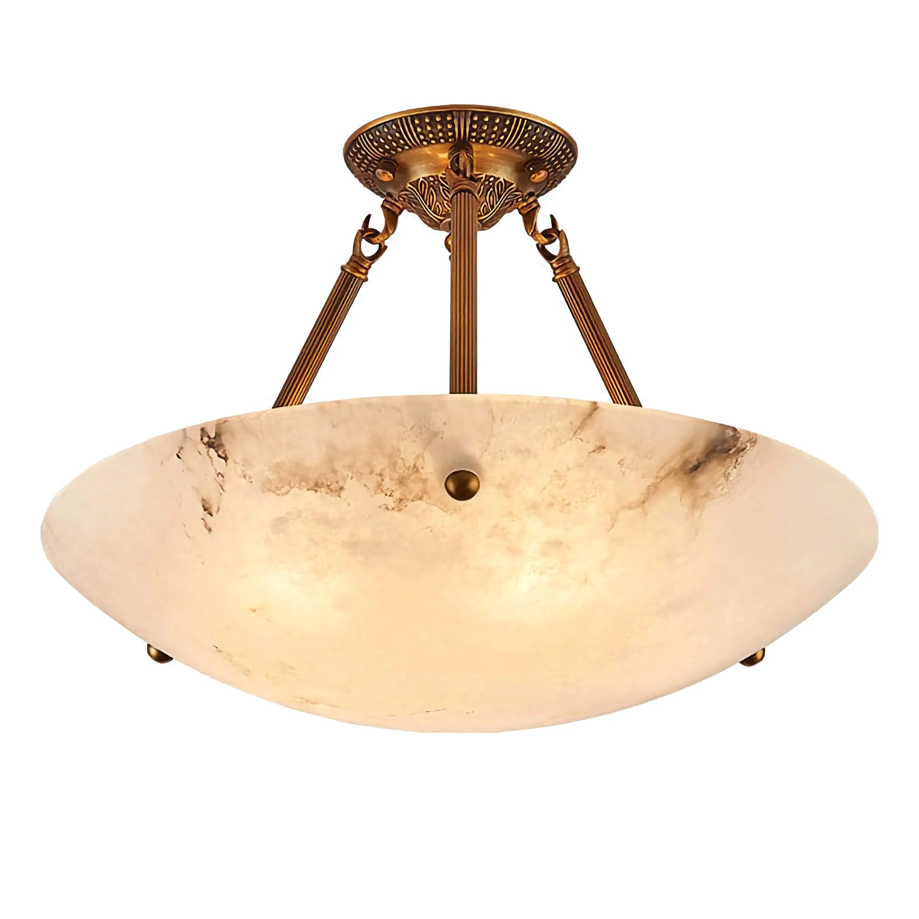 Round Alabaster Bowl Semi Flush Mount | Vintage Brass Suspension Light for Gallery Ceilings