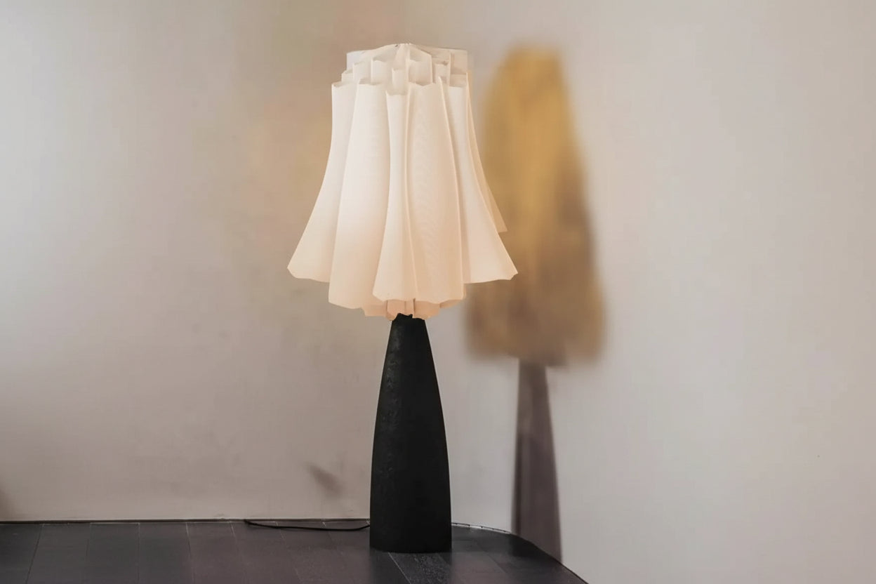 Solid Wood Wabi-sabi Floor Lamp | Organic Modern Sculptural Design | Oversized Pleated Linen Shade (50cm) | Black &