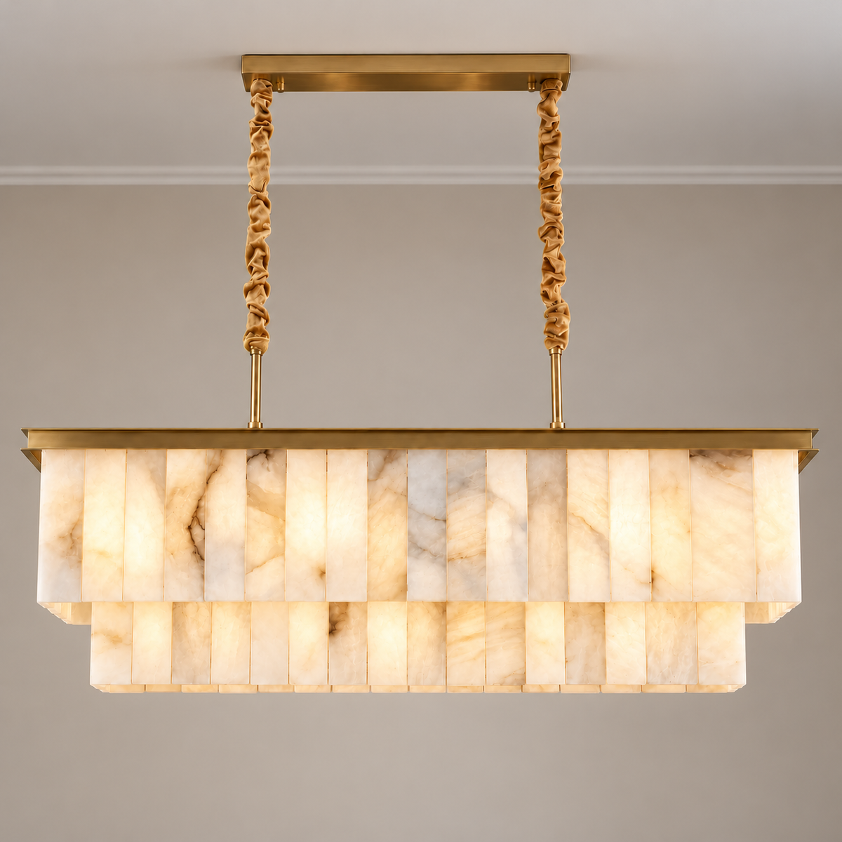 Volterra alabaster chandelier illuminated with natural mineral layers visible