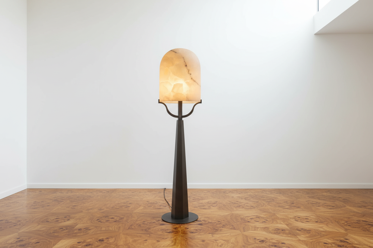 Solid Italian Alabaster Dome Floor Lamp | Art Deco Iron Base | 150cm Organic Luxury Lighting | Casalola Lights