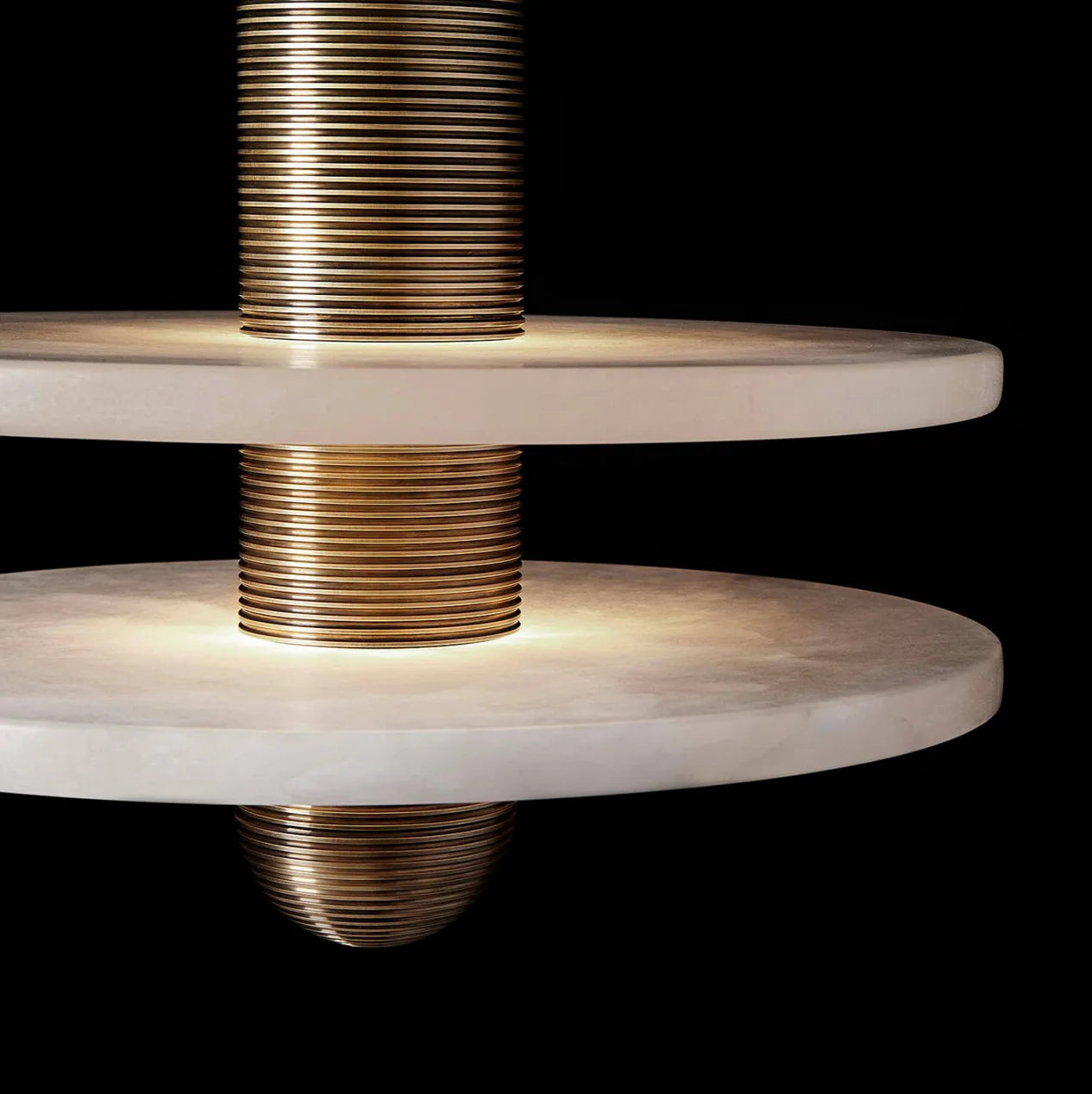 Solid Copper & Alabaster Pendant | Art Deco Revival | 40cm Double-disc Diffuser | Ribbed Detail | Casalola Lights