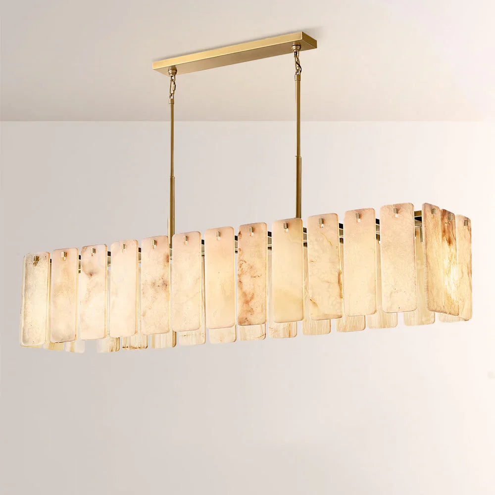 Solid Copper Linear Chandelier | Natural Alabaster Panels | 152cm - 183cm Dining Light | Real Stone | Casalola Lights