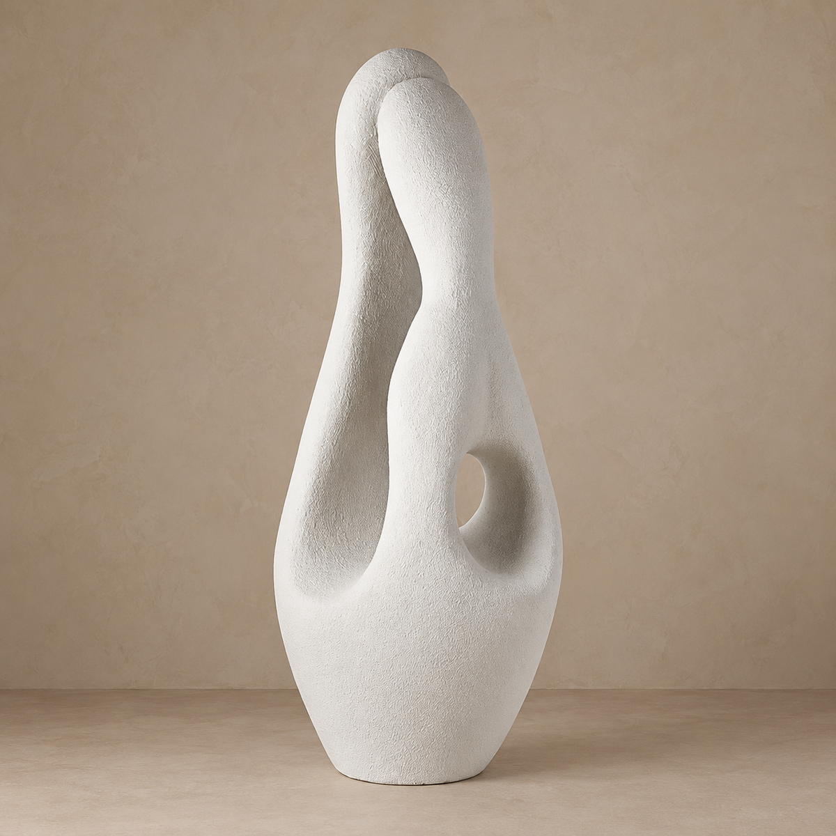 CLK852220 sculptural white resin floor lamp, unlit on a stone beige background