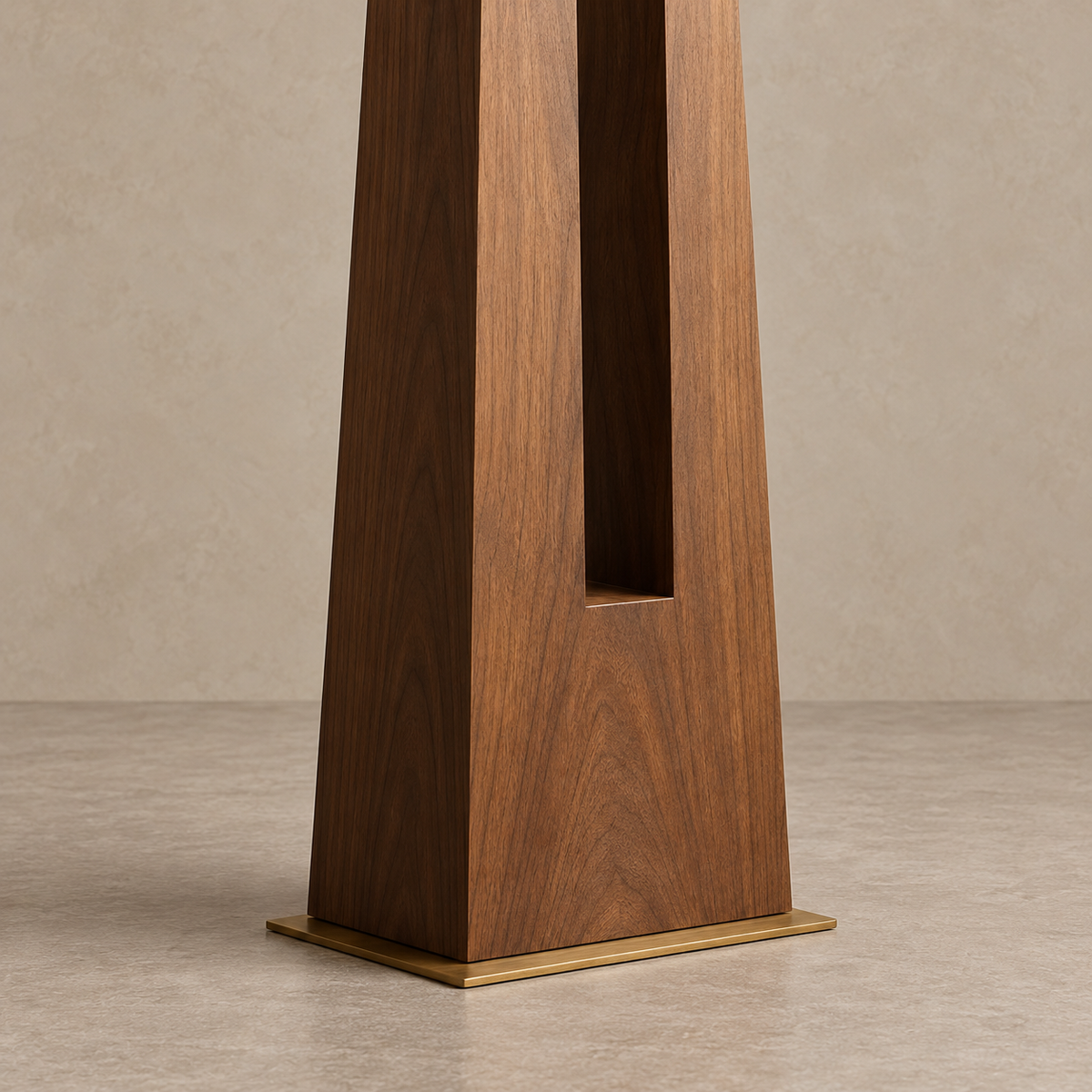 Close view of CLSSK6002 walnut grain, the lower column opening and thin metal foot.