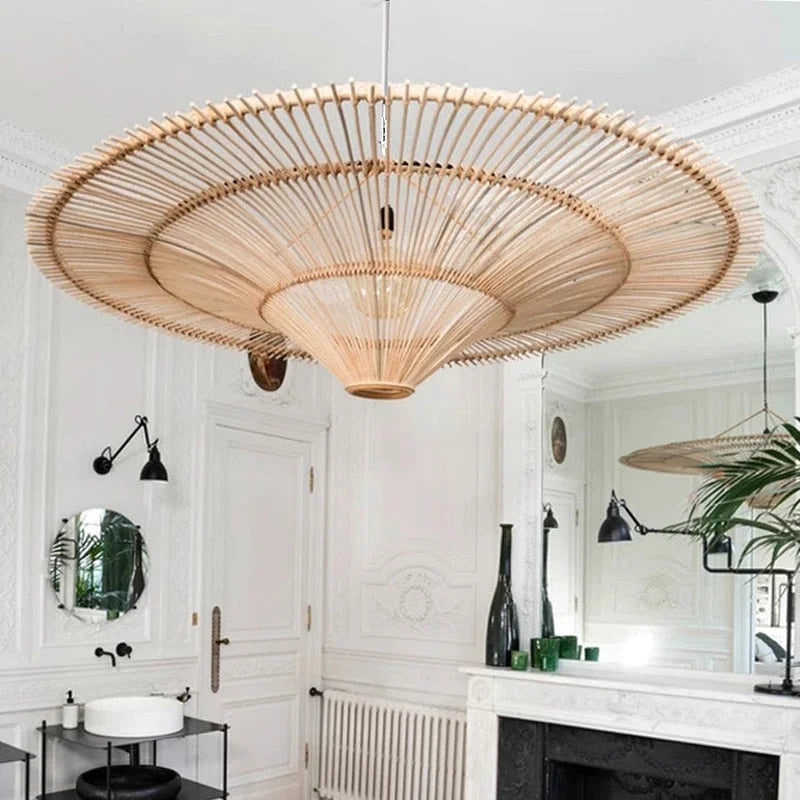 Original Beige CLWIC wicker pendant in a white panelled room