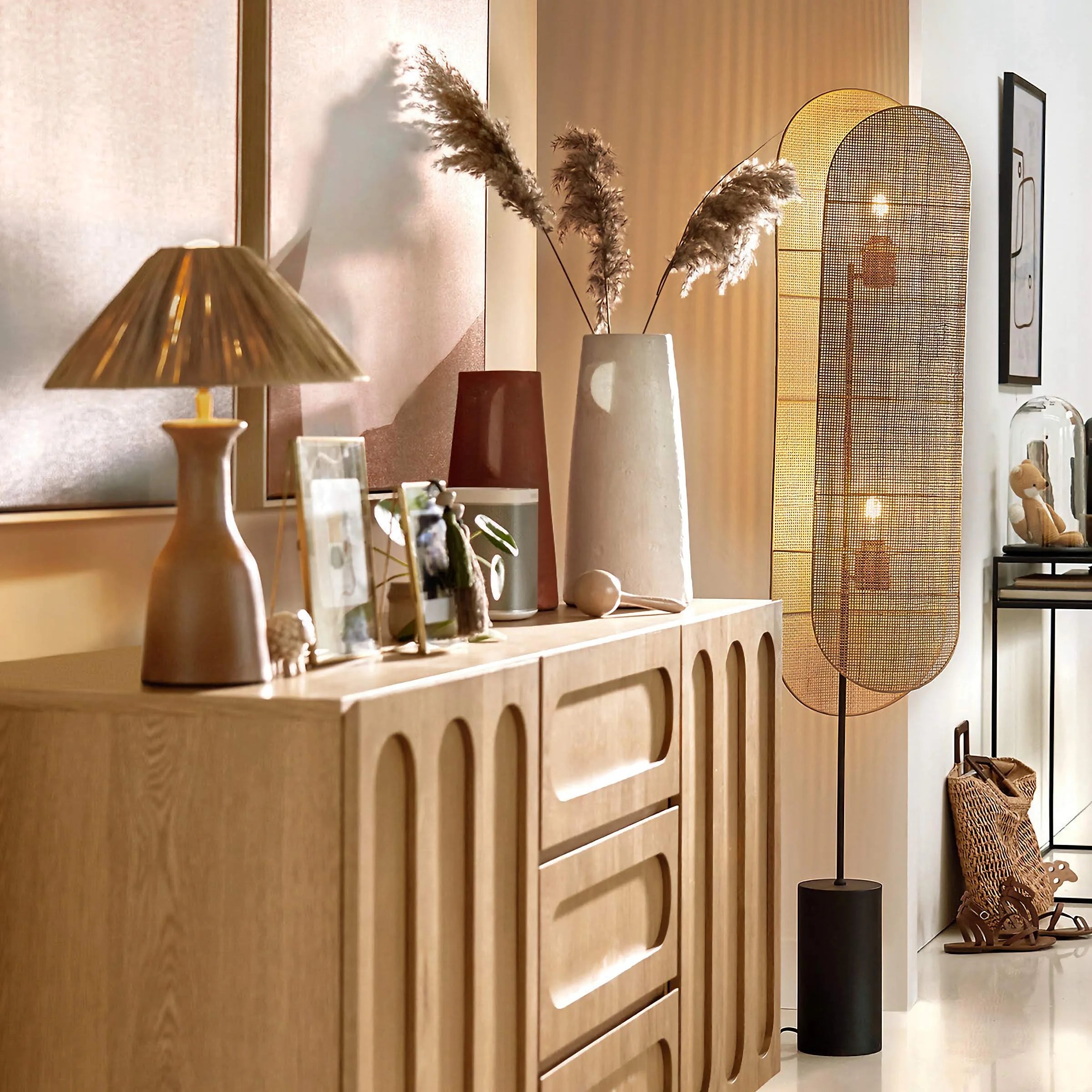 Wabi Sabi Floor Lamp in Woven Rattan for Living Room – Sculptural Lighting with Warm Ambient Glow