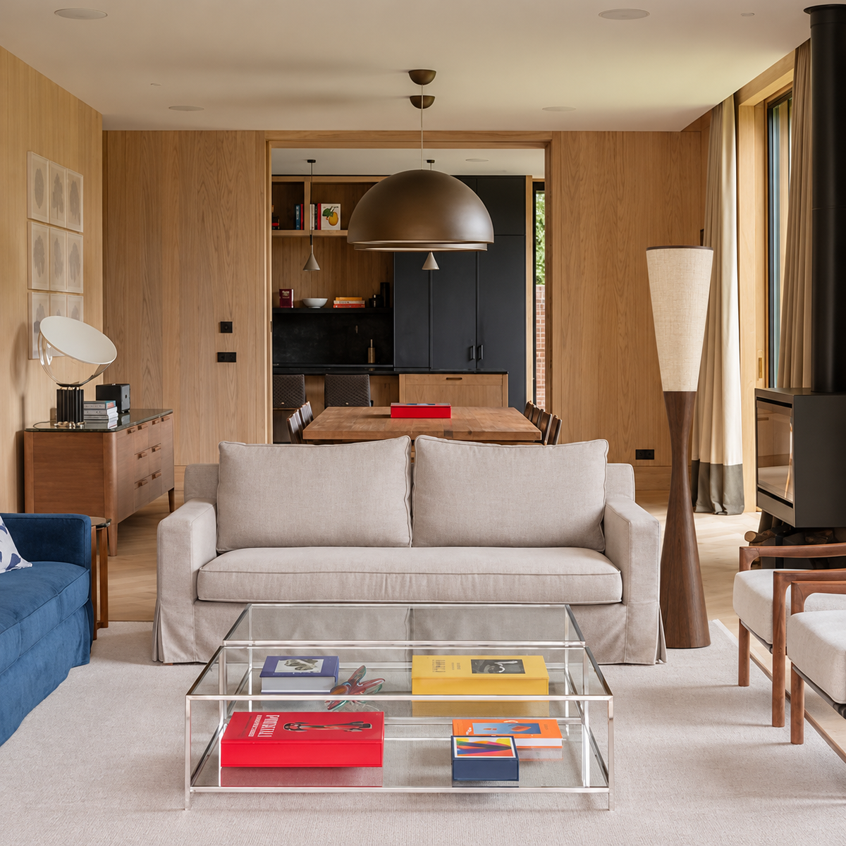 Wood and linen floor lamp CLGHYTS256D beside a cream sofa in an oak-panelled living room.