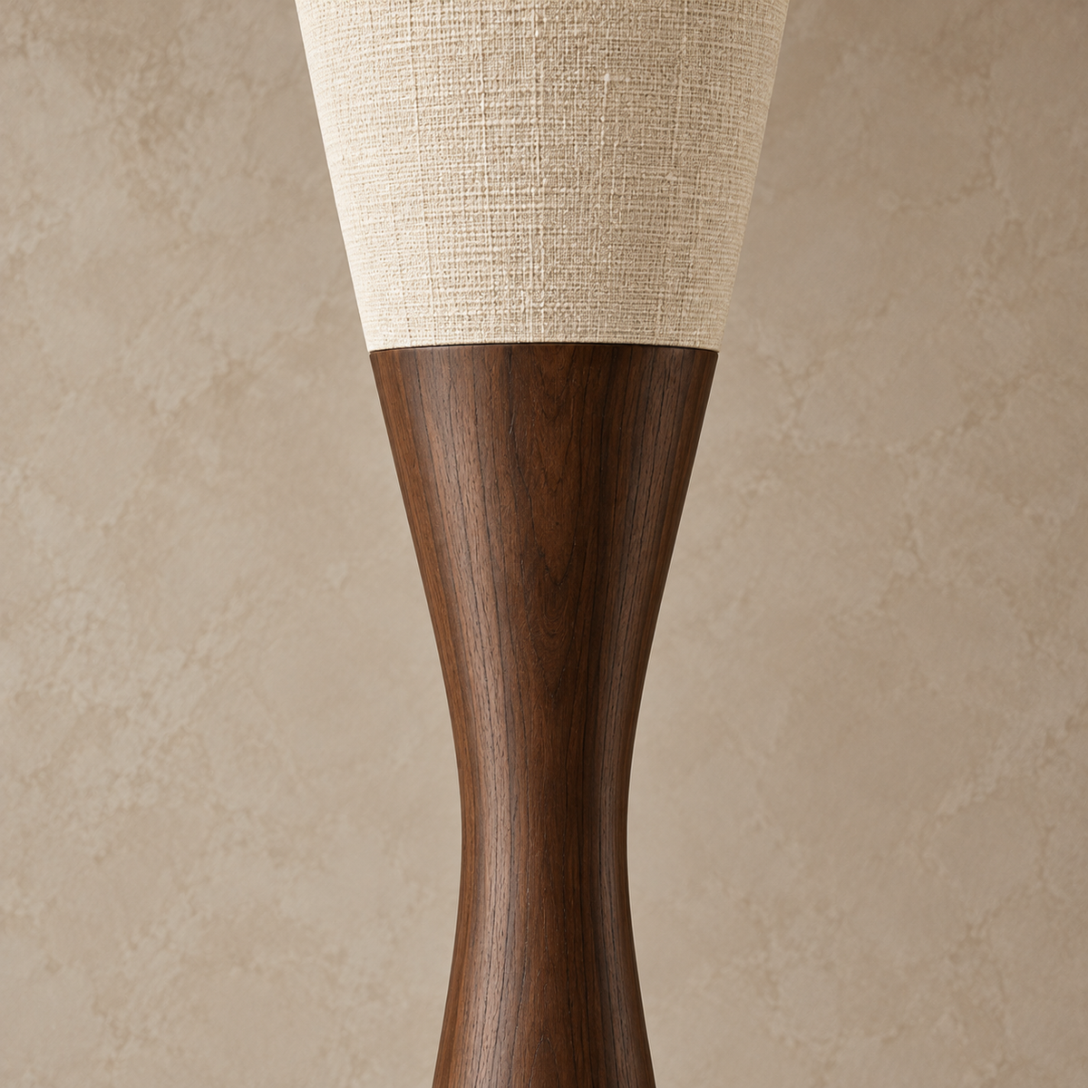 Close view of natural wood grain and woven linen at the CLGHYTS256D shade junction.