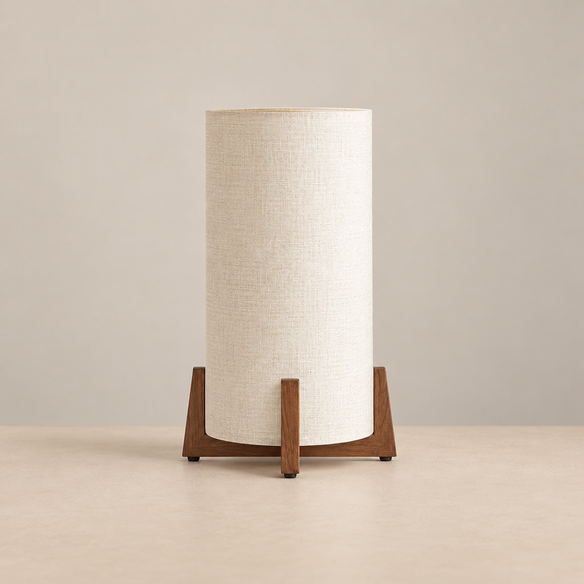 Wood and Linen table lamp switched off on a beige background
