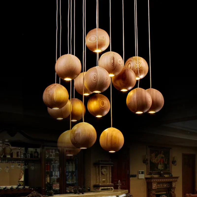 Wood Log Pendant Light with 10 Cm Ball – Adjustable Cable Cluster for Kitchen Island Dining Room & Stairwell