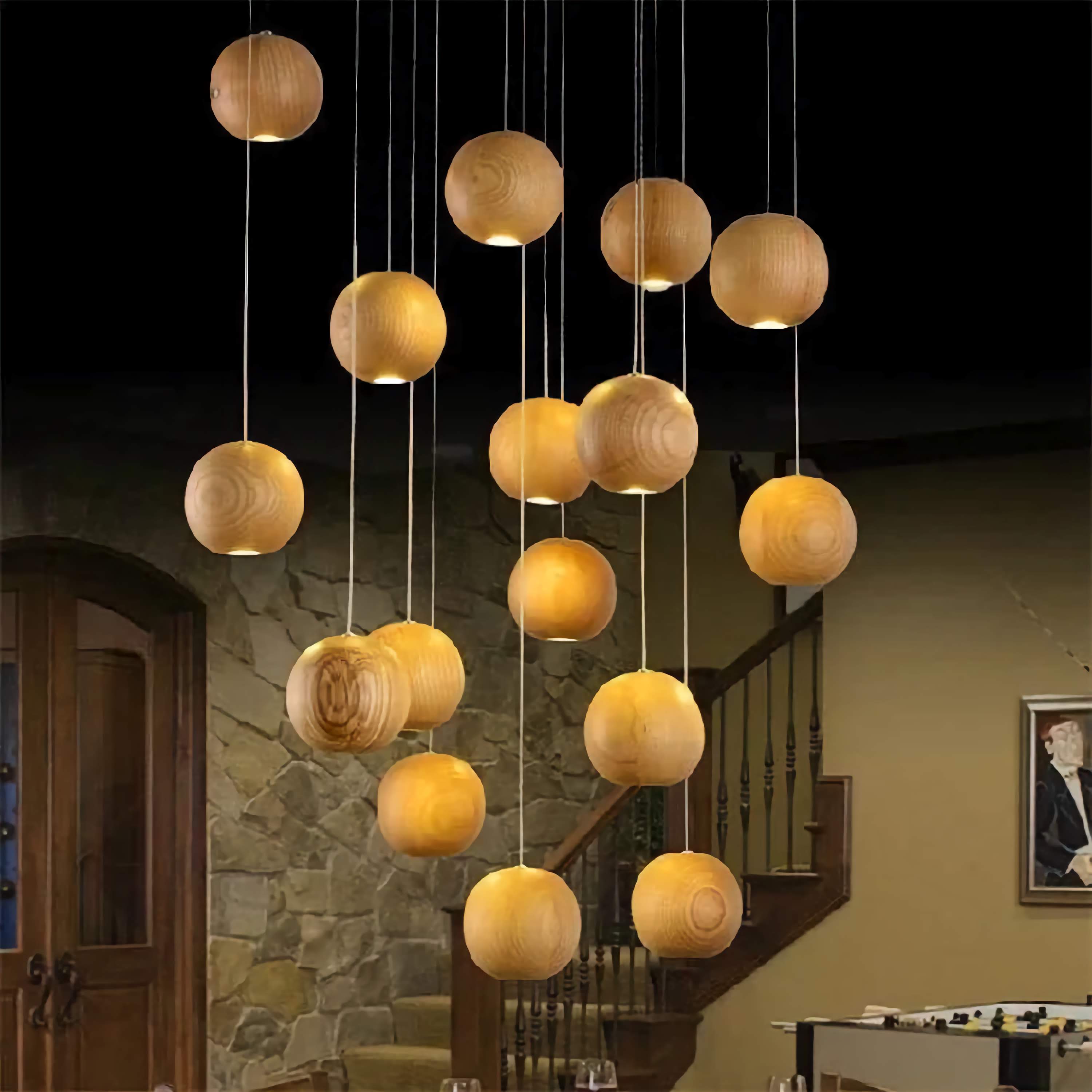 Wood Log Pendant Light with 10 Cm Ball – Adjustable Cable Cluster for Kitchen Island Dining Room & Stairwell