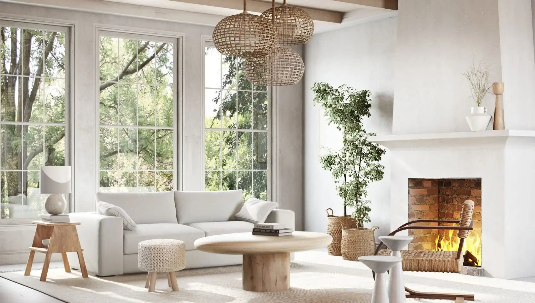 Woven wicker pendant lights hanging from ceiling