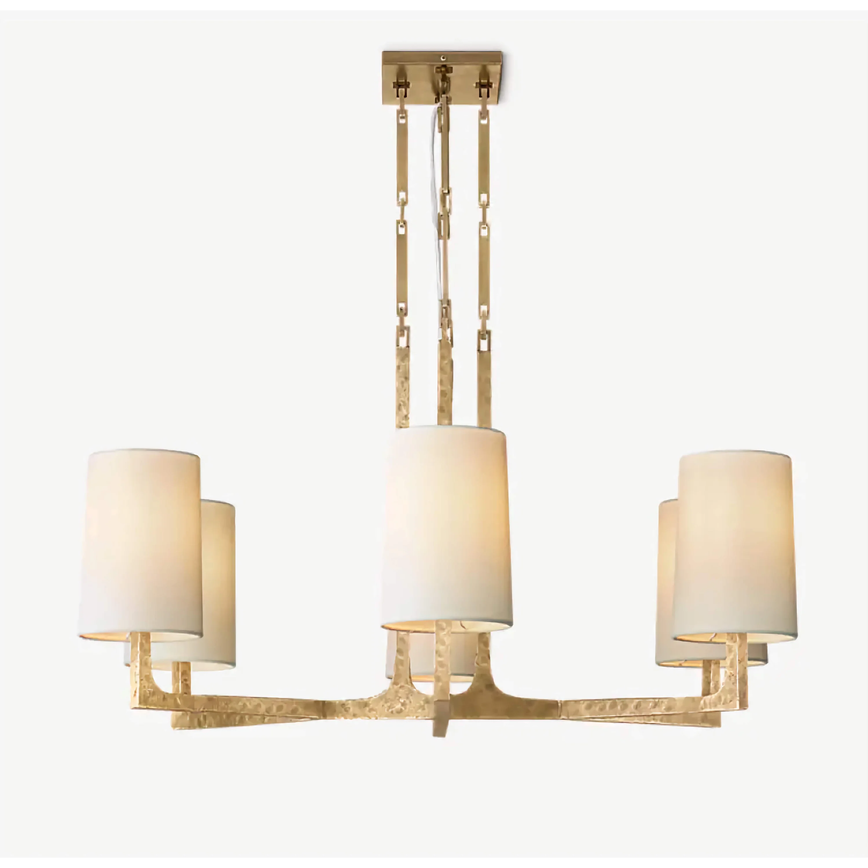Hammered Brass Chandelier | 6 Light Iron Frame with Linen Shades | Transitional Lighting for Dining or Entry Spaces