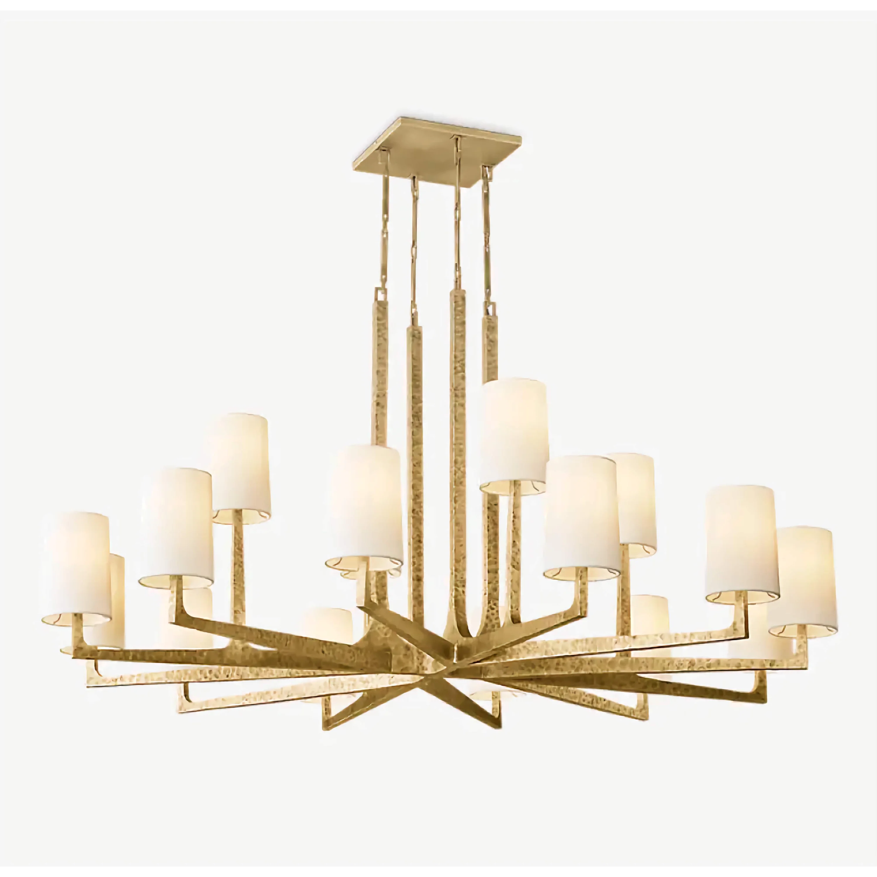 Hammered Brass Chandelier | 6 Light Iron Frame with Linen Shades | Transitional Lighting for Dining or Entry Spaces