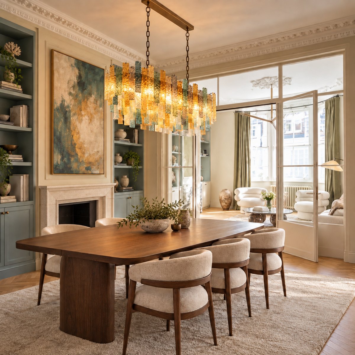 Laguna Listelli hand-blown glass strip linear chandelier in seven colours on a brass frame above a long walnut dining table