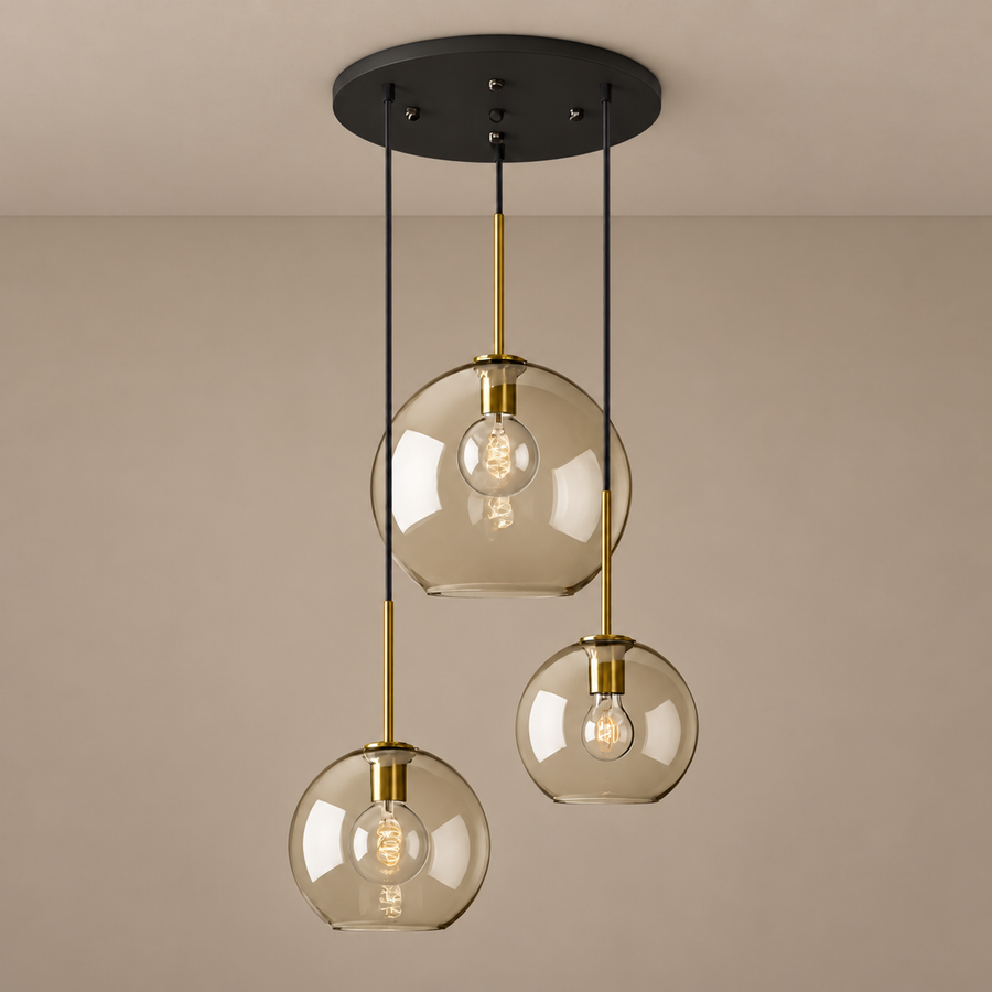 Lampada a sospensione rotonda moderna con 3 luci in vetro color cognac