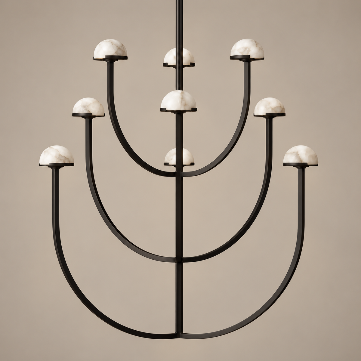 Nine-light black 3 Arch chandelier with natural alabaster domes.