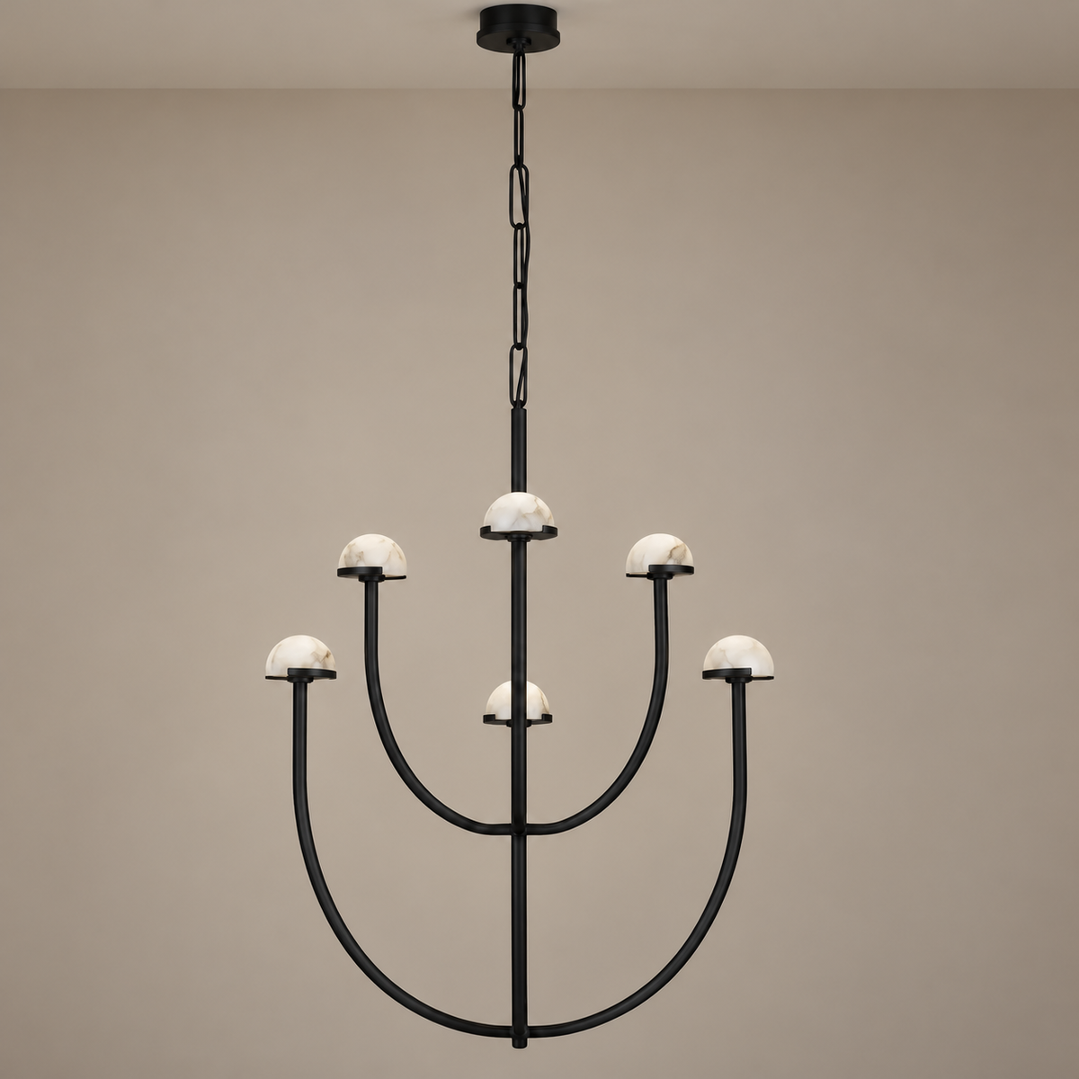 Six-light black 3 Arch chandelier with alabaster domes on two tiers.