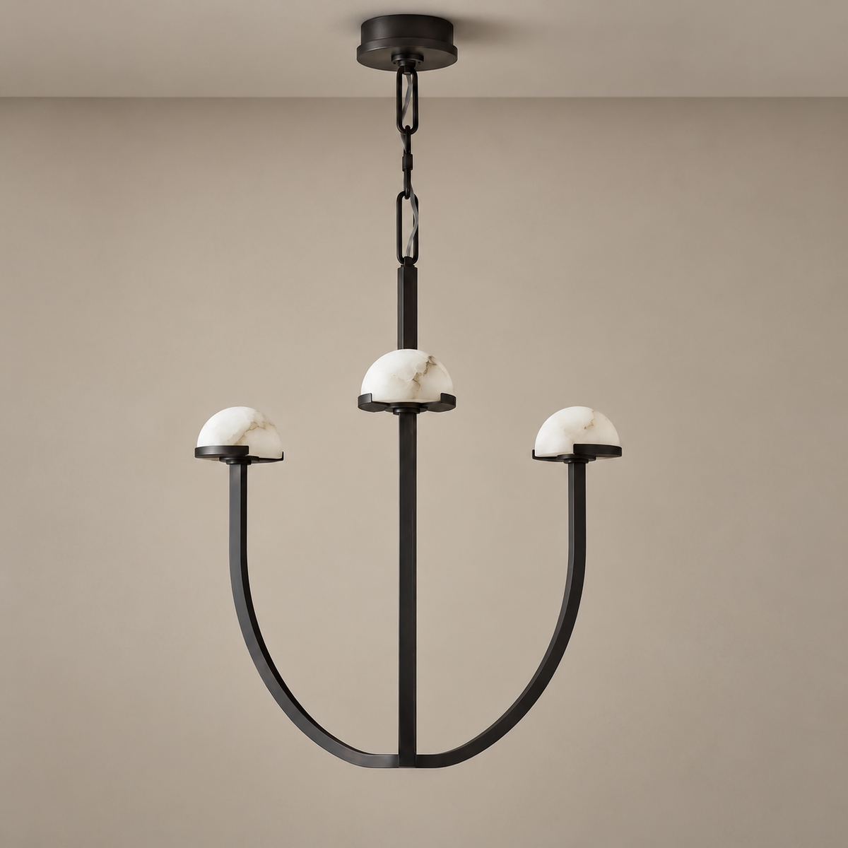 Three-light black 3 Arch chandelier with natural alabaster domes.