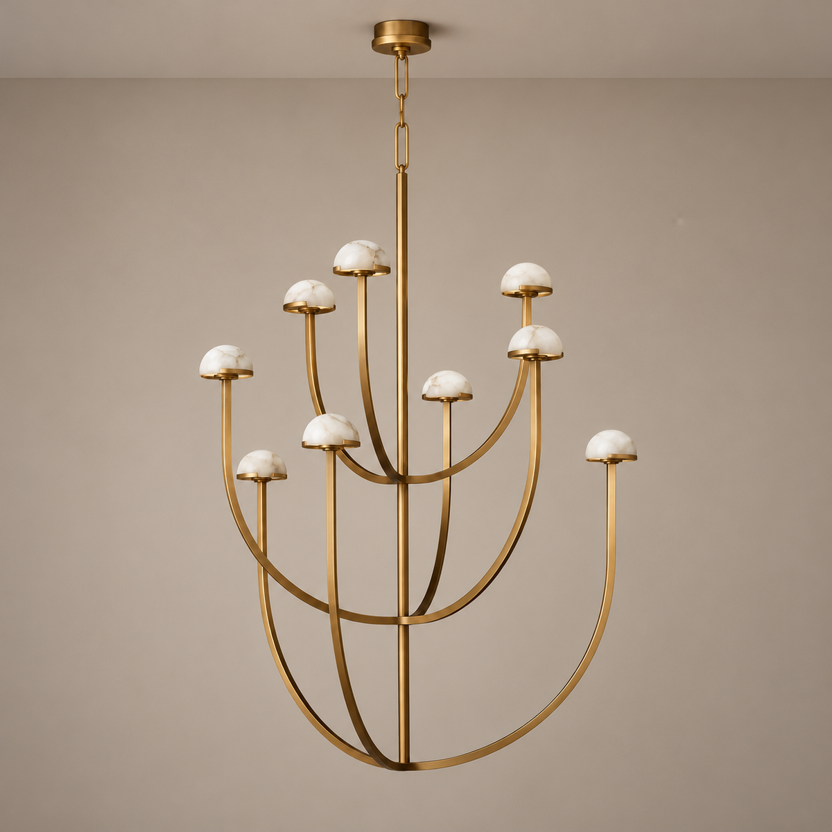 Nine-light brass 3 Arch chandelier with natural alabaster domes.
