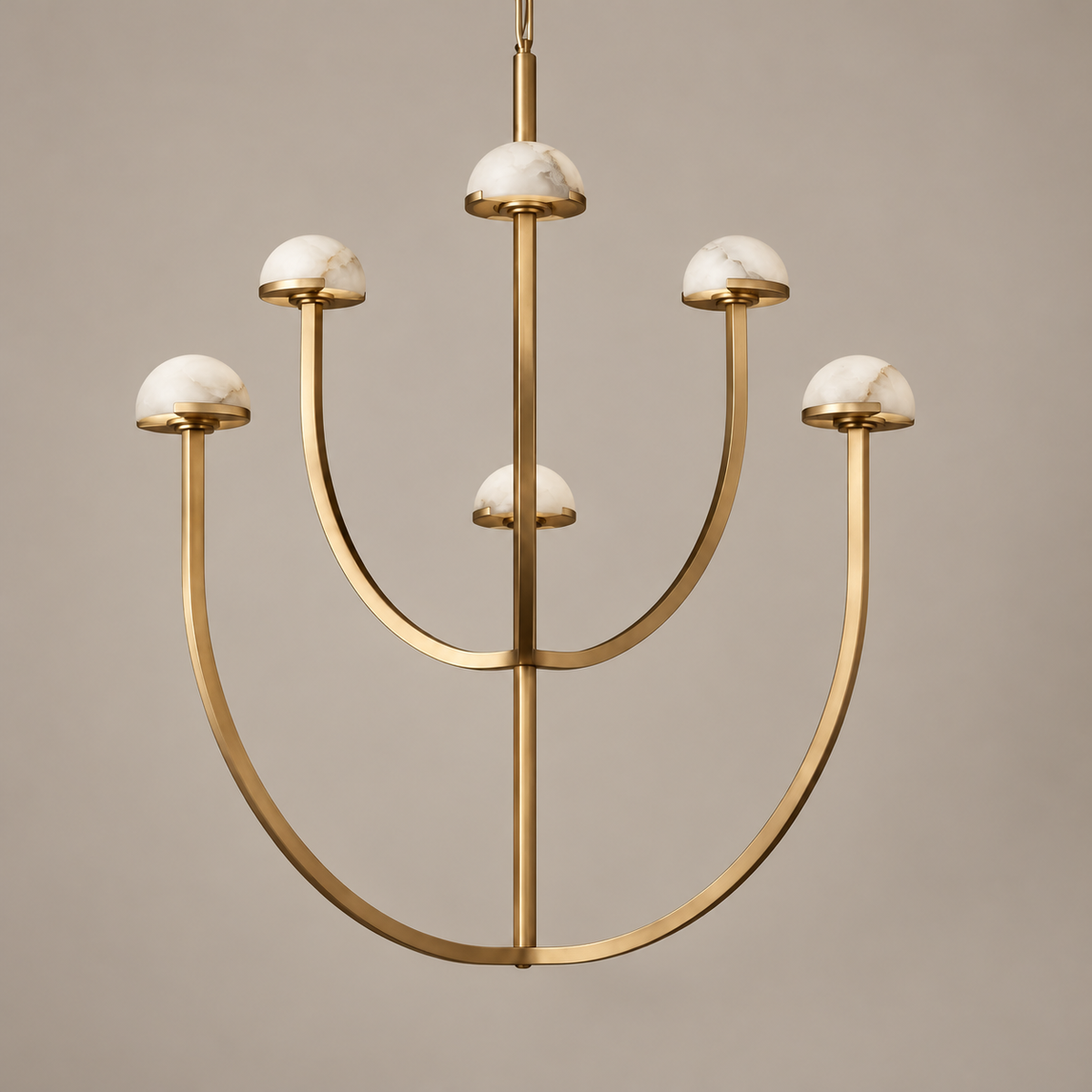 Six-light brass 3 Arch chandelier with alabaster domes on two tiers.