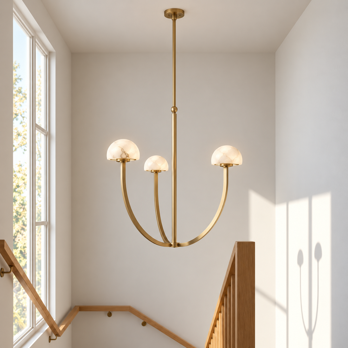 Three-light brass 3 Arch alabaster chandelier installed above a sunlit staircase.