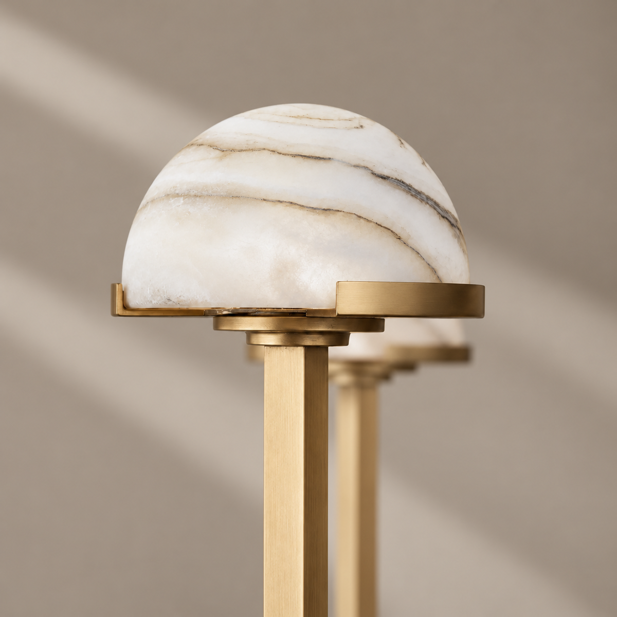 Close-up of the 3 Arch alabaster dome, mineral bands and brass retaining ring.