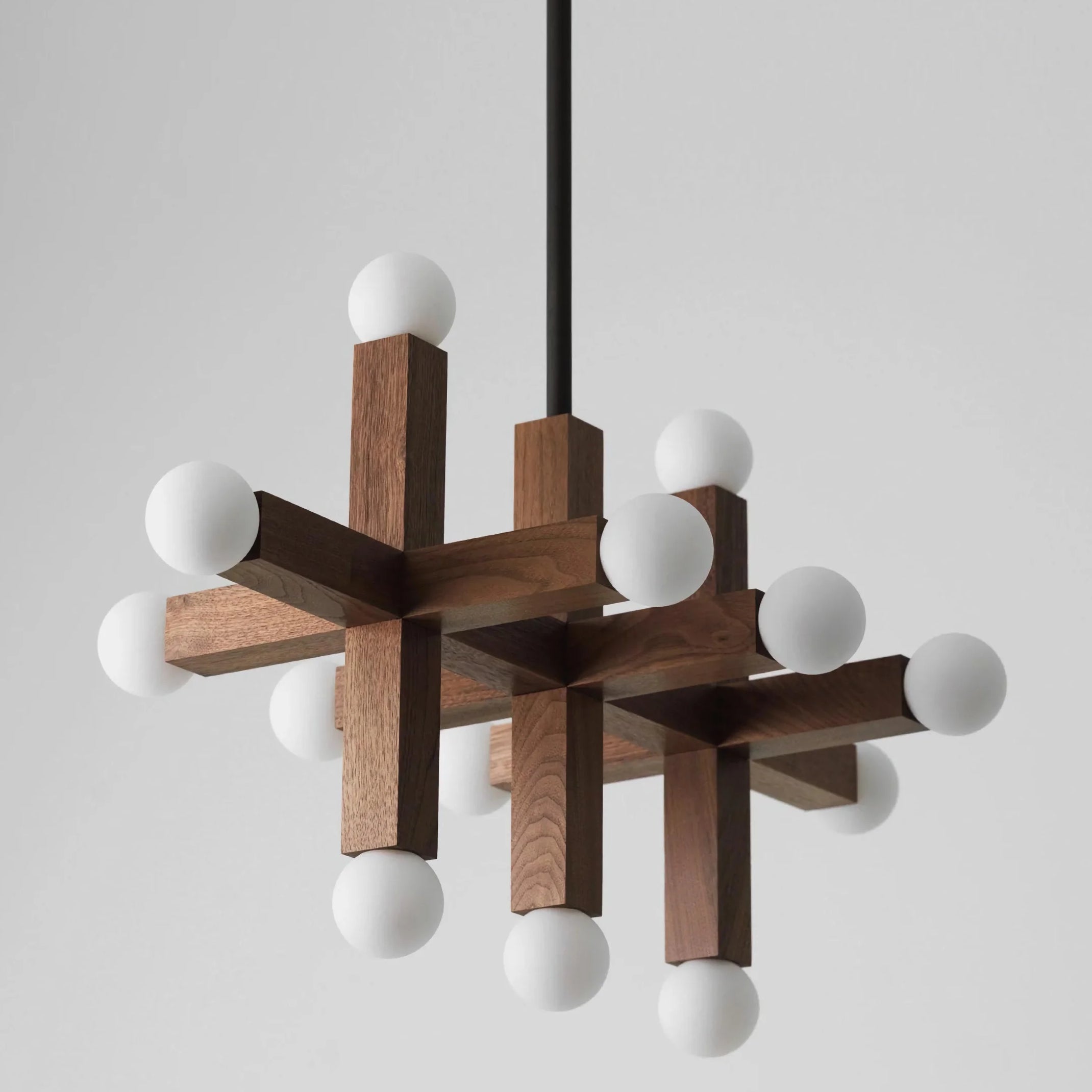 Geometric Walnut Grid Chandelier | 12 Light Opal Globe Pendant | Modern Sculptural Ceiling Fixture for Dining or Studio