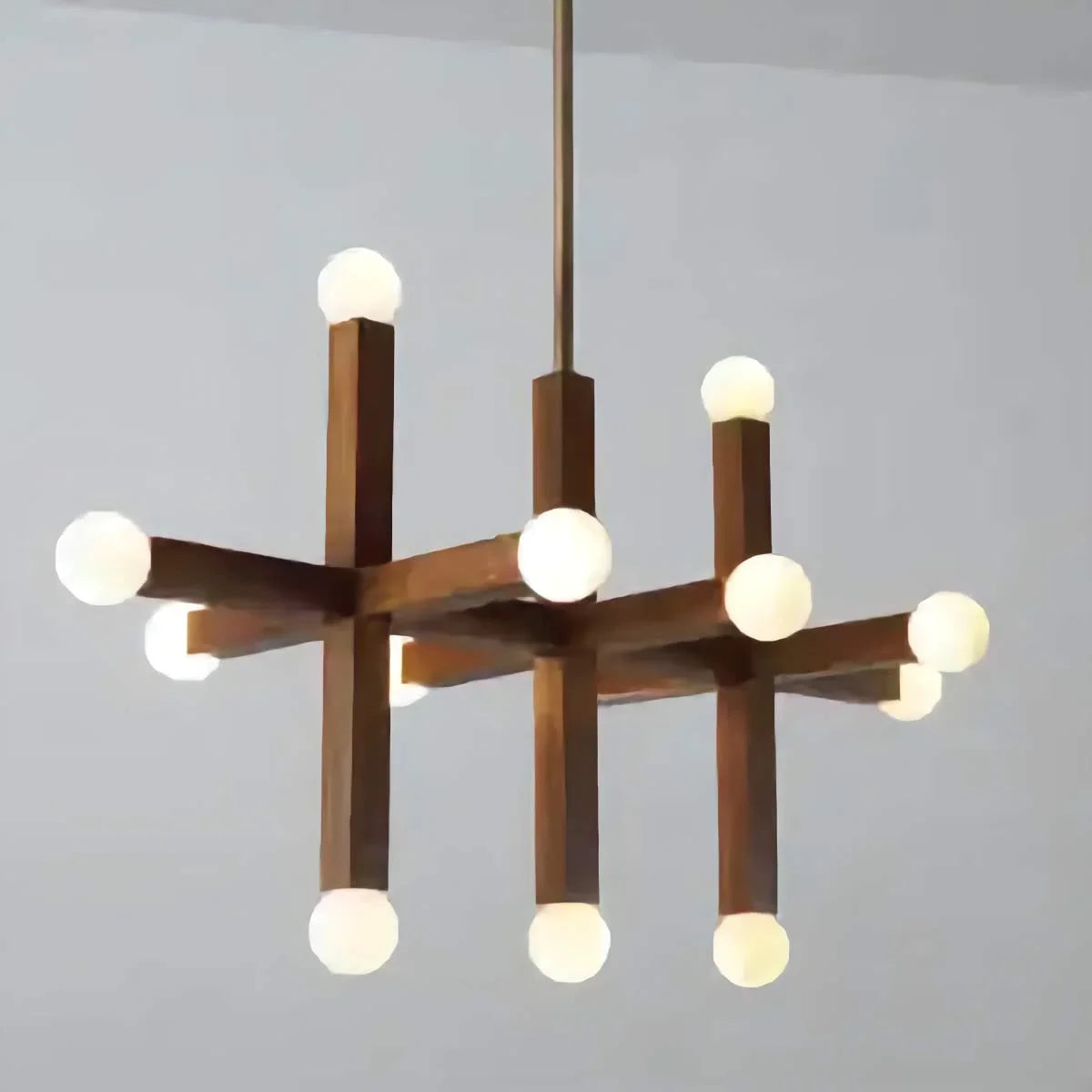 Wood & Opal Glass Grid Chandelier | 13-light Architectural Wood-beam Japandi Dining Foyer Casalolalights Luxury Lamps