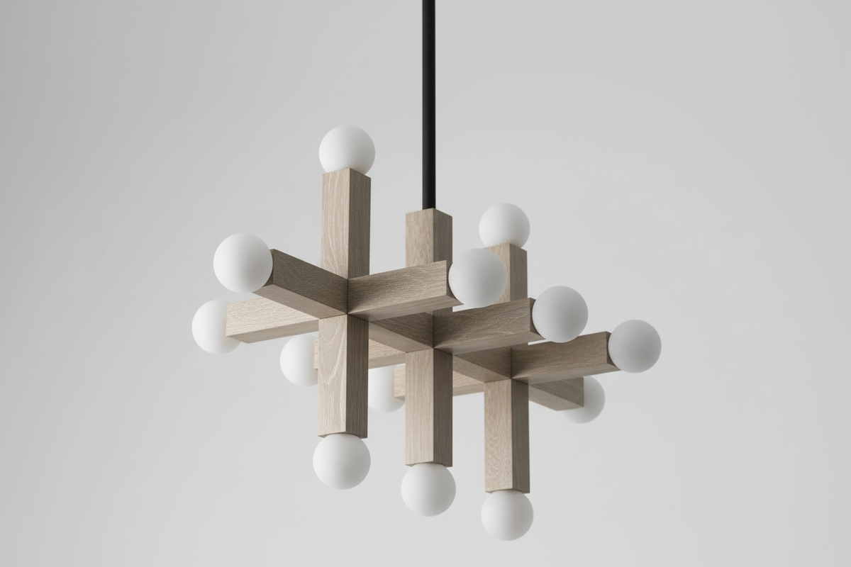 Wood & Opal Glass Grid Chandelier | 13-light Architectural Wood-beam Japandi Dining Foyer Casalolalights Luxury Lamps
