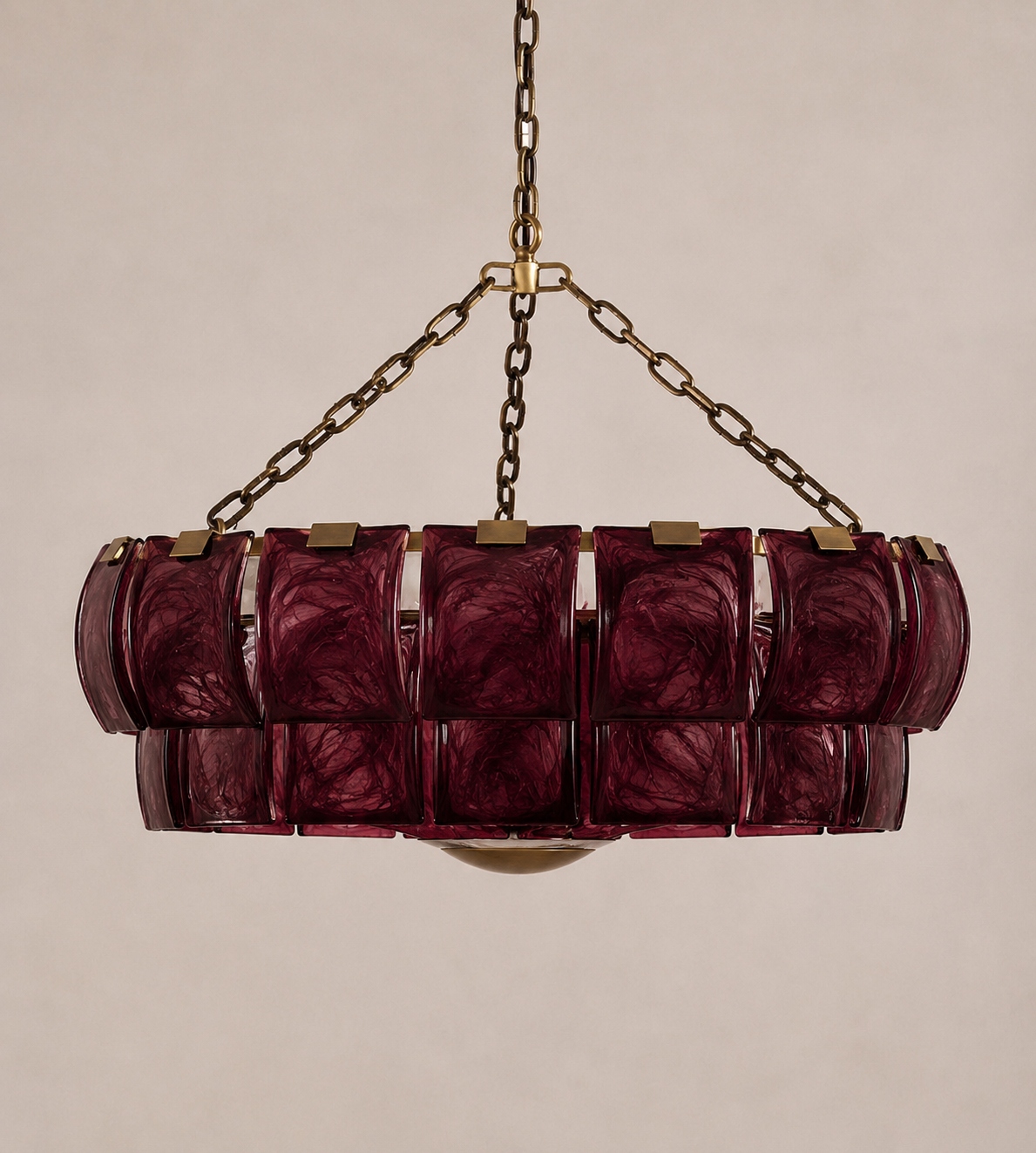 BURGUNDY GLASS & ANTIQUE BRASS CHANDELIER