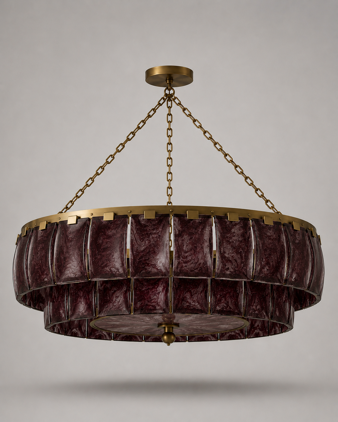 BURGUNDY GLASS & ANTIQUE BRASS CHANDELIER