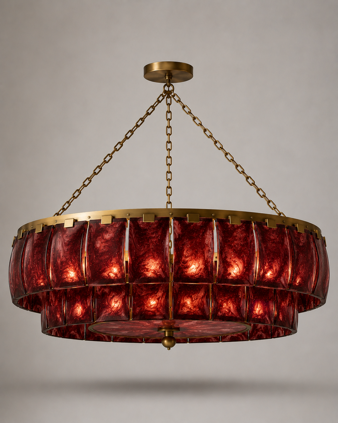 BURGUNDY GLASS & ANTIQUE BRASS CHANDELIER