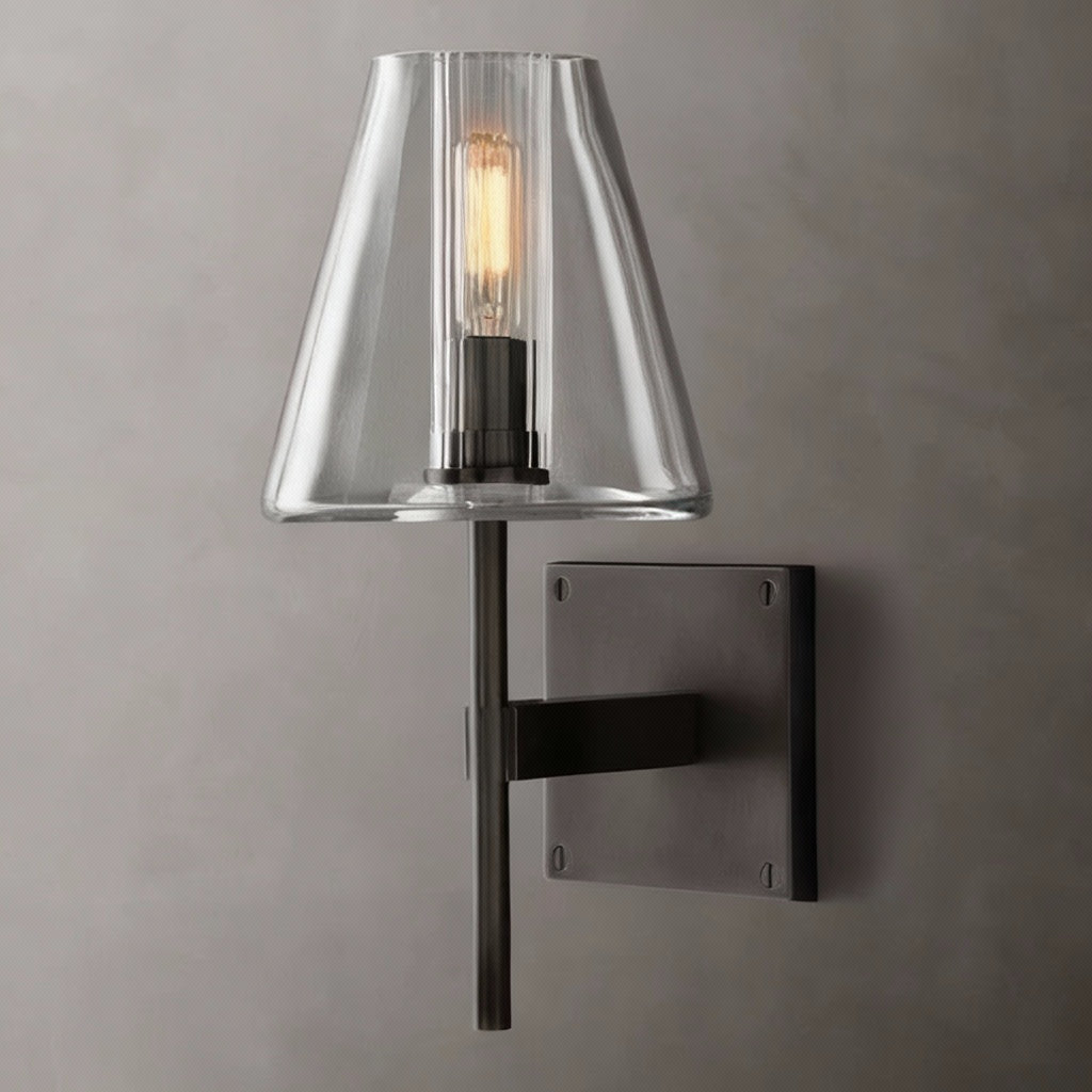 Black Brass & Glass Wall Sconce – Clear Tapered Shade | clqqad82