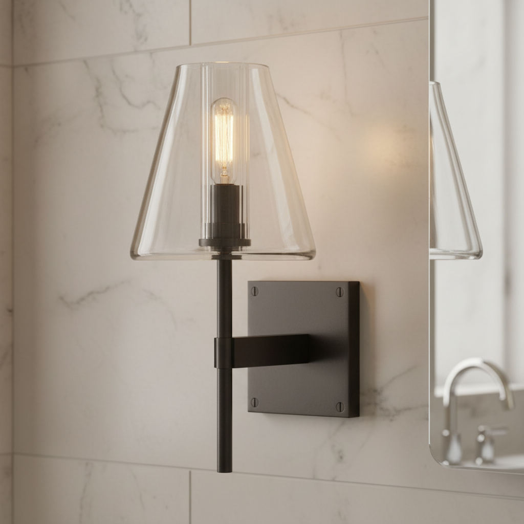 Black Brass & Glass Wall Sconce – Clear Tapered Shade | clqqad82