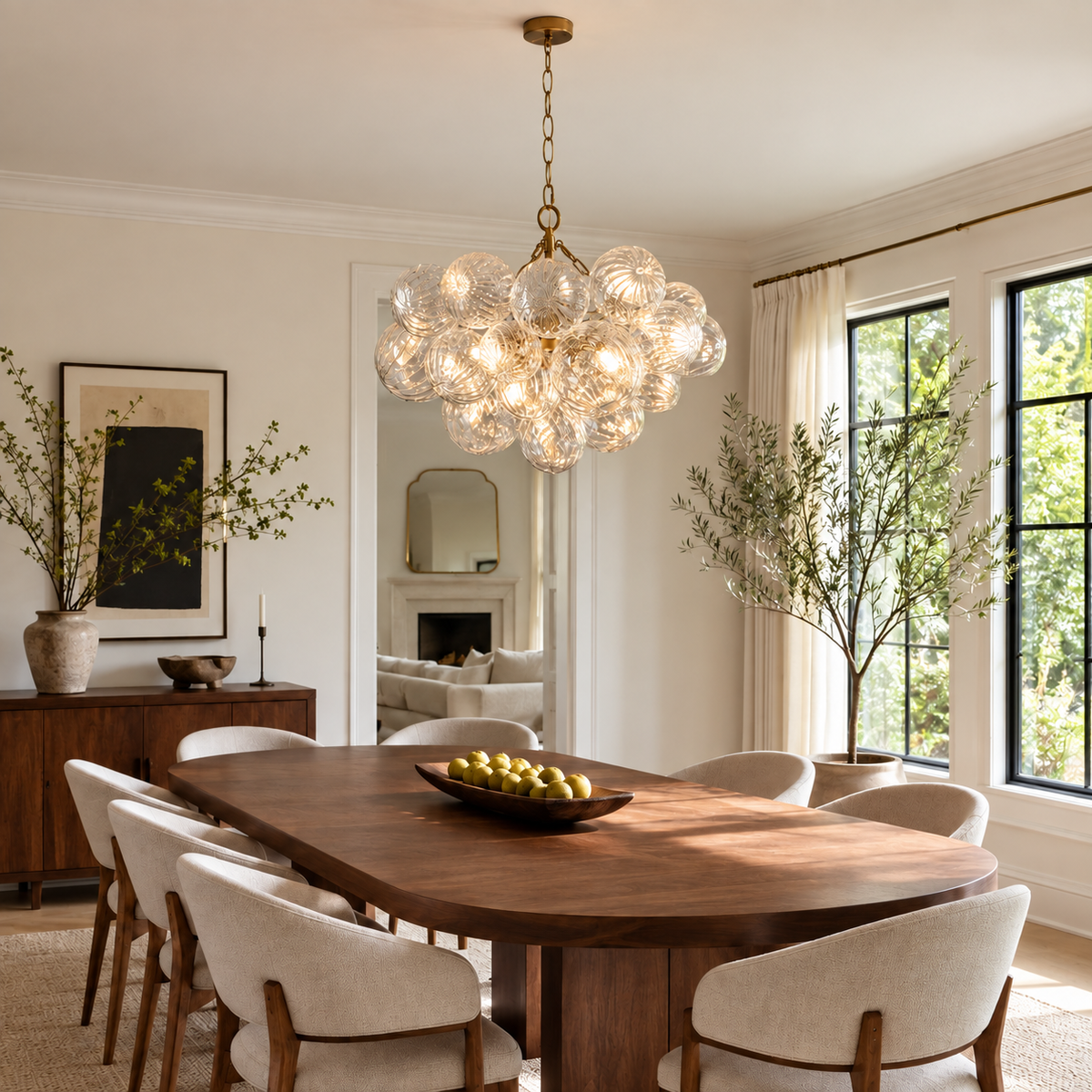 A modern chandelier with a cluster of clear glass bubble globes and a brass chain, hanging in a bright, elegant dining room with a wooden dining table and upholstered chairs.
