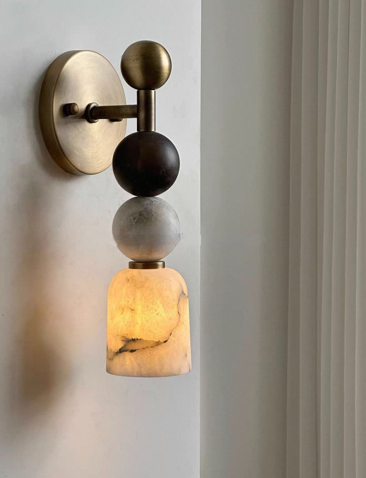 Genuine Alabaster Bell Wall Sconce Brass | Bedside Vanity Pair Stacked Sphere Arm 2700k Casalola Lights Luxury Lamps
