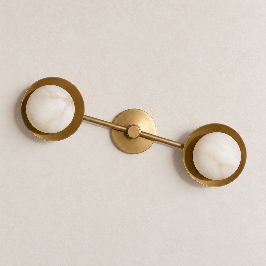 Alabaster Double Globe & Brass Wall Sconce